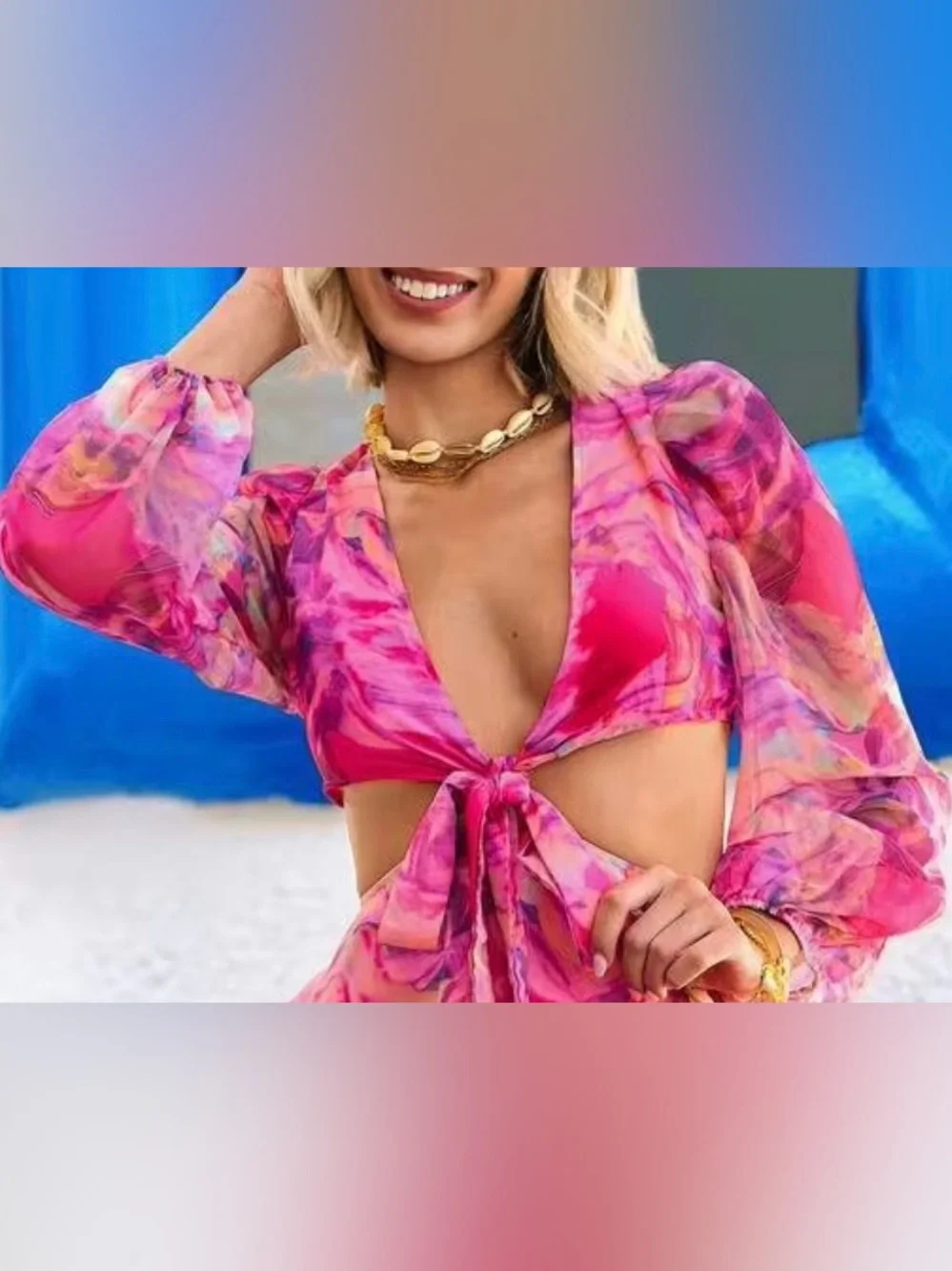 SHEIN Hot Pink Marble Watercolor Wrap Crop Top